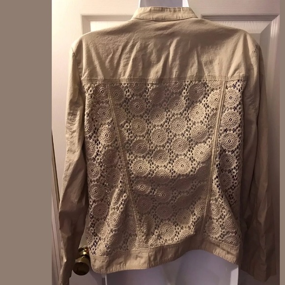 CHICOS Crochet Mix Jacket Coat Tan Beige Full Zip Closure Pockets Lace Basic - Picture 4 of 10